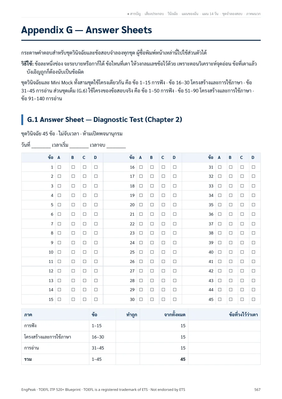 หน้ากระดาษคำตอบในภาคผนวก