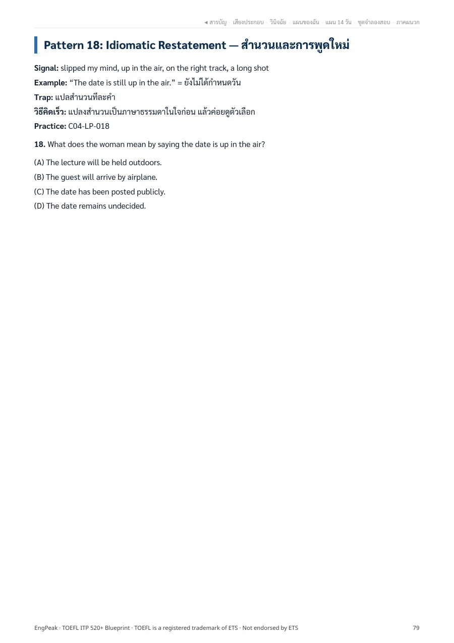 หน้า Pattern 18 Idiomatic Restatement ใน TOEFL ITP 520+ Blueprint